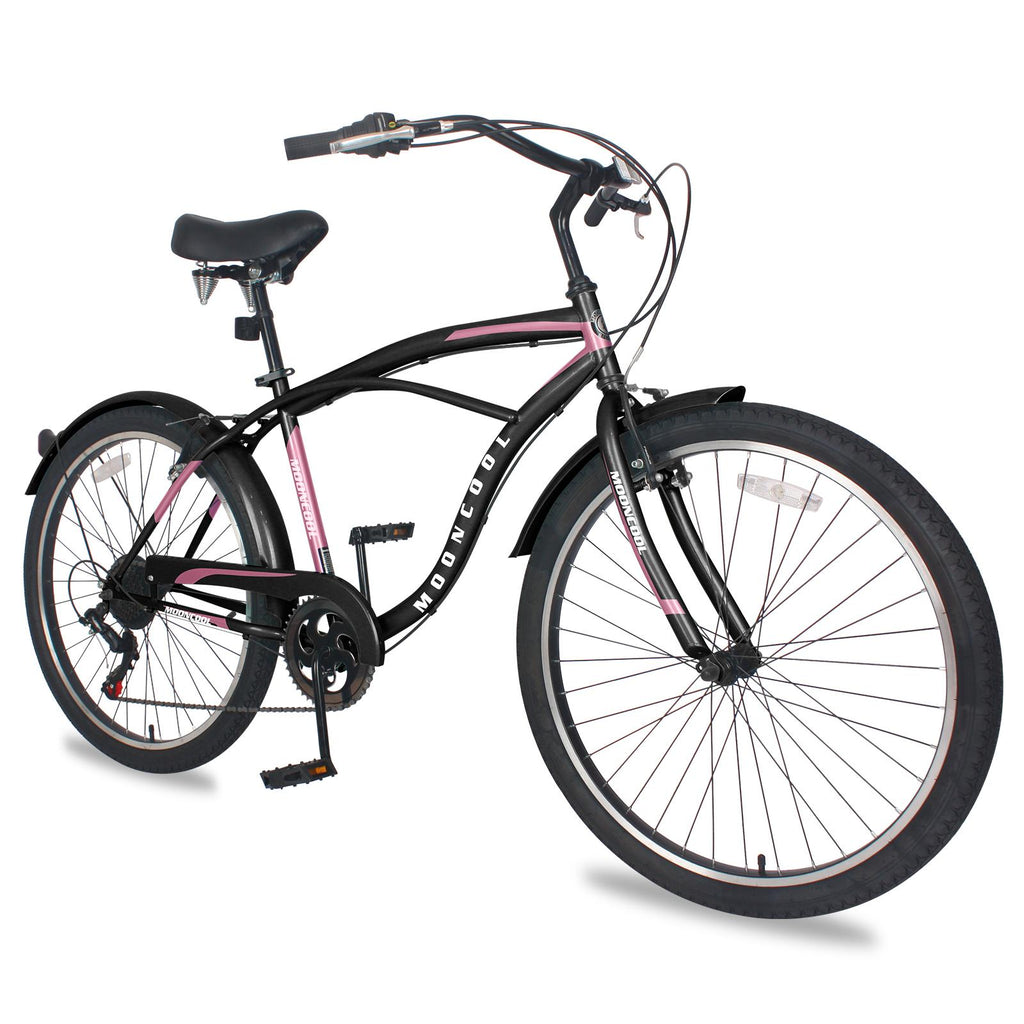 MOONCOOL Adult Cruiser Bike 7 Speed 26 Inch, Beach Cruiser Bicycle for Women Men Complete Cruiser Bikes Black &amp; Pink