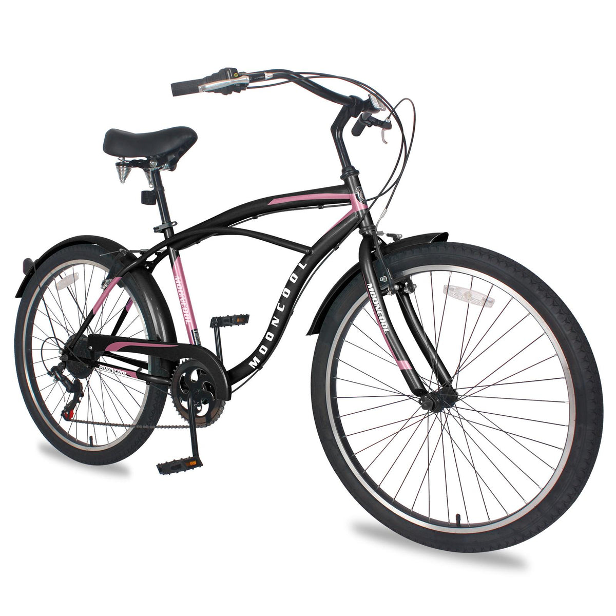 MOONCOOL Adult Cruiser Bike 7 Speed 26 Inch, Beach Cruiser Bicycle for Women Men Complete Cruiser Bikes Black &amp; Pink