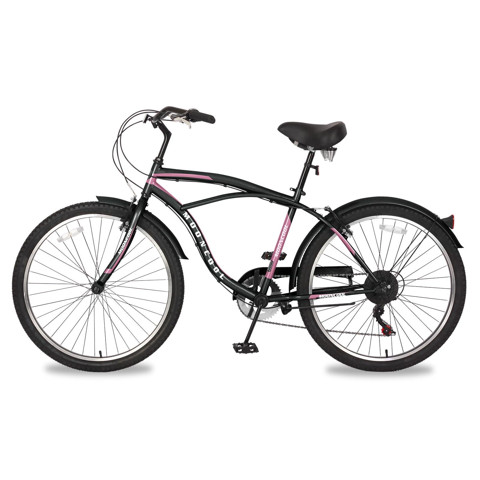 MOONCOOL Adult Cruiser Bike 7 Speed 26 Inch, Beach Cruiser Bicycle for Women Men Complete Cruiser Bikes Black &amp; Pink