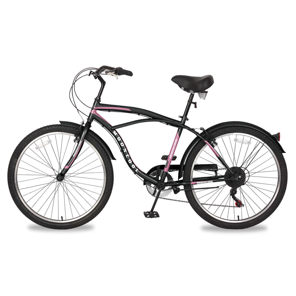 ABORON Adult Cruiser Bike 7 Speed 26 Inch, Beach Cruiser Bicycle for Men ,Steel Frame, Beach Cruiser Bikes , Black &amp; Pink
