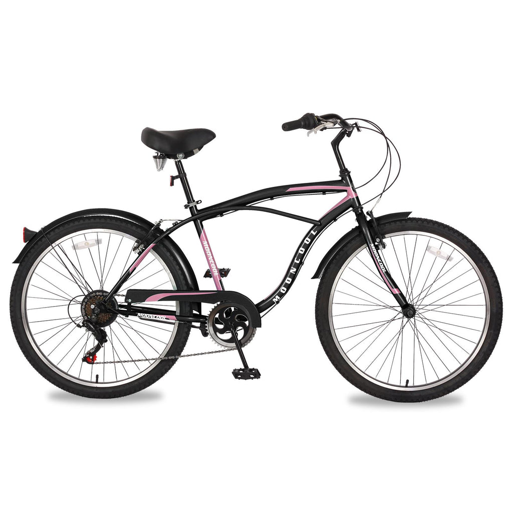 MOONCOOL Adult Cruiser Bike 7 Speed 26 Inch, Beach Cruiser Bicycle for Women Men Complete Cruiser Bikes Black &amp; Pink