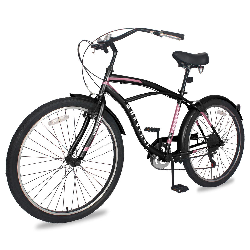 ABORON Adult Cruiser Bike 7 Speed 26 Inch, Beach Cruiser Bicycle for Men ,Steel Frame, Beach Cruiser Bikes , Black &amp; Pink