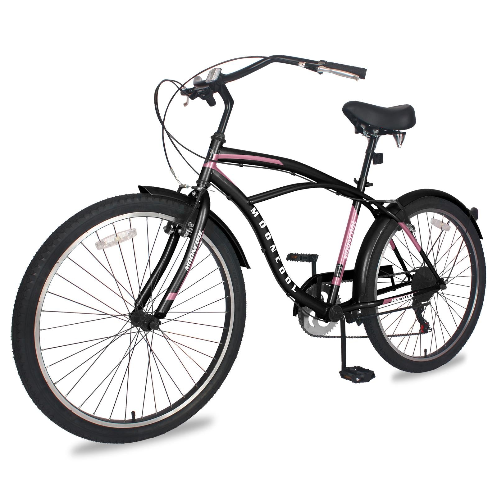 ABORON Adult Cruiser Bike 7 Speed 26 Inch, Beach Cruiser Bicycle for Men ,Steel Frame, Beach Cruiser Bikes , Black &amp; Pink