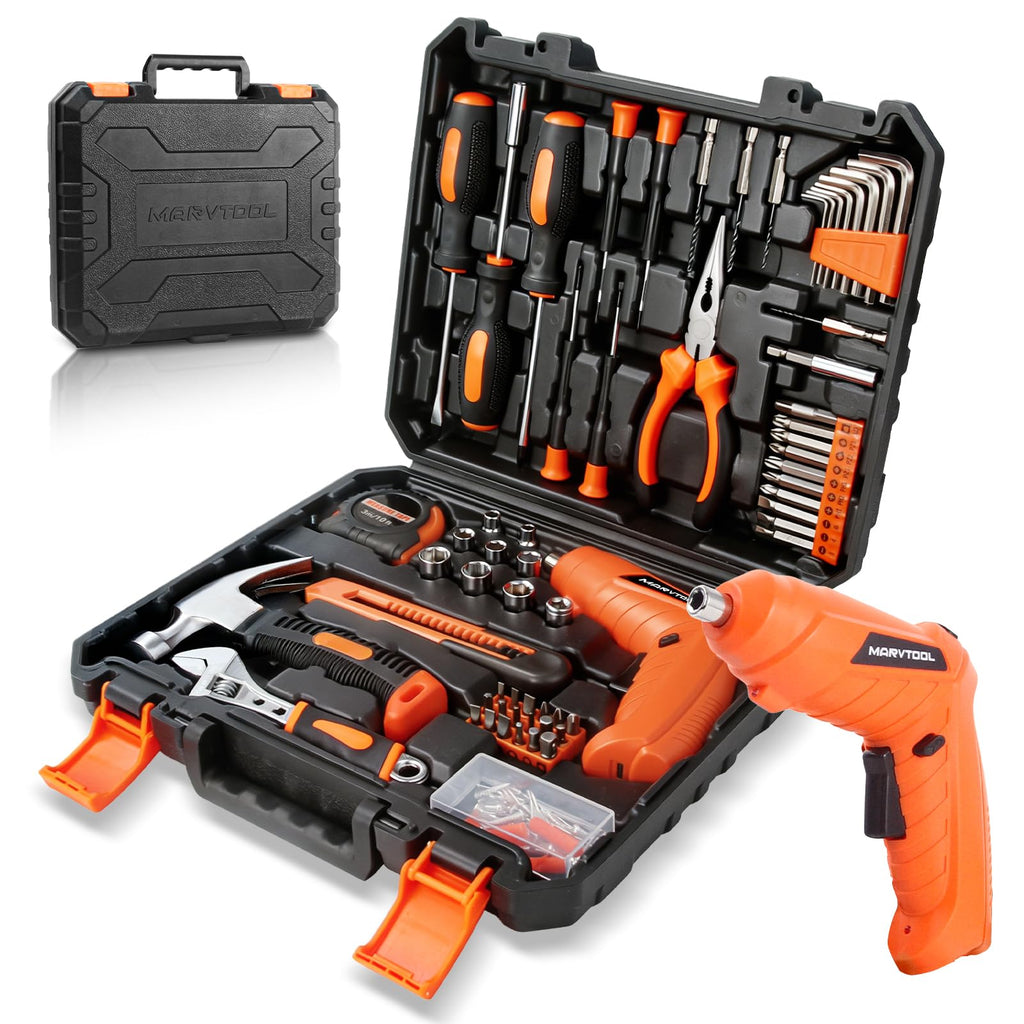 140 Piece Basic Tool Set, Portable Tool Box with Cordless Drill, Home Repair Hand Tool Kit, General Household Drill Set, Toolbox with StoraCase for Homeowner, DIY, Handyman, Women, Men