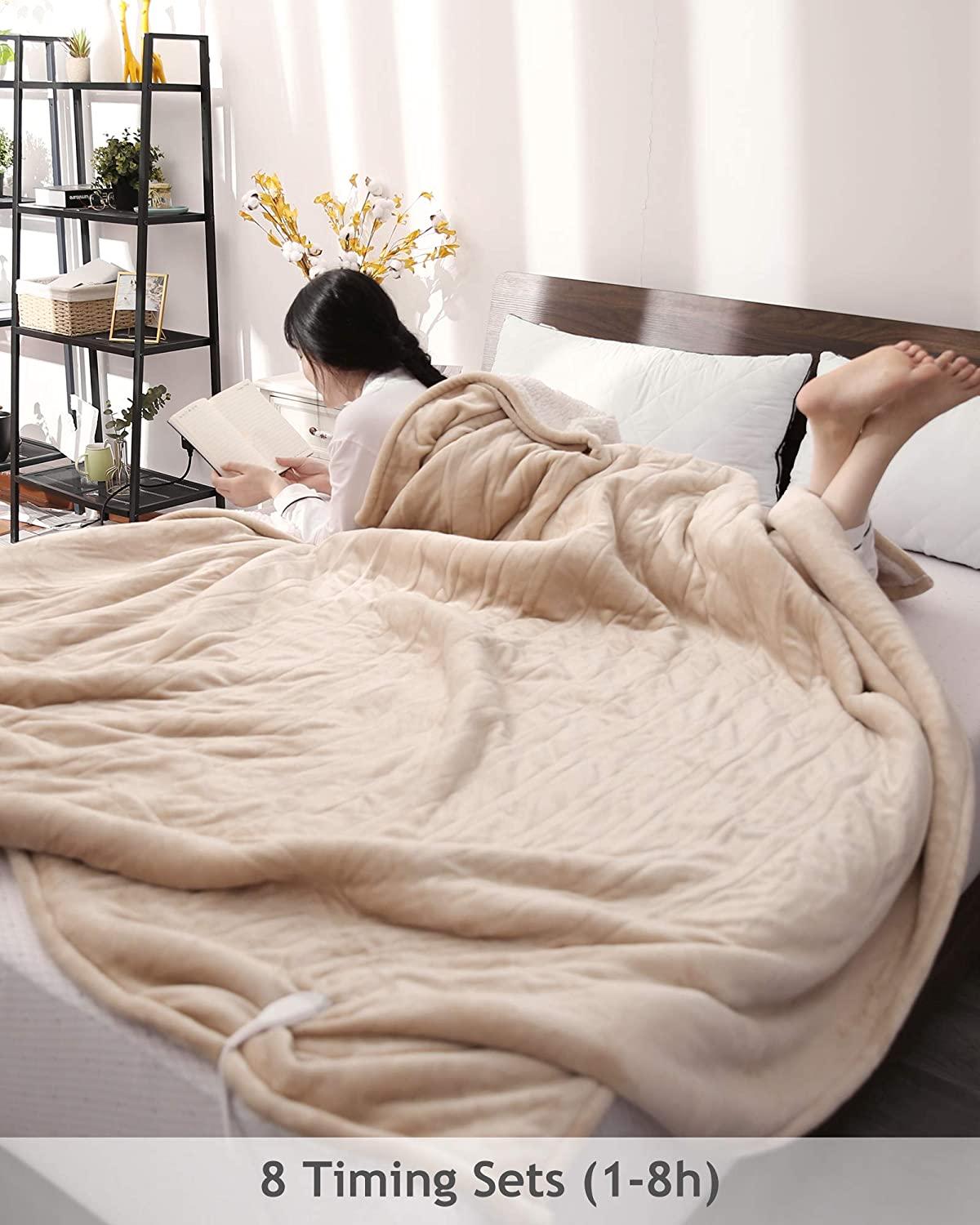 MaxKare Electric Heated Blanket Queen Size 84" x 90", Heated Throw Flannel with 2 Separate Controllers, 6 Heating Levels &amp; 8 Timing Sets-Auto Off, Home Use, Machine Washable - Beige