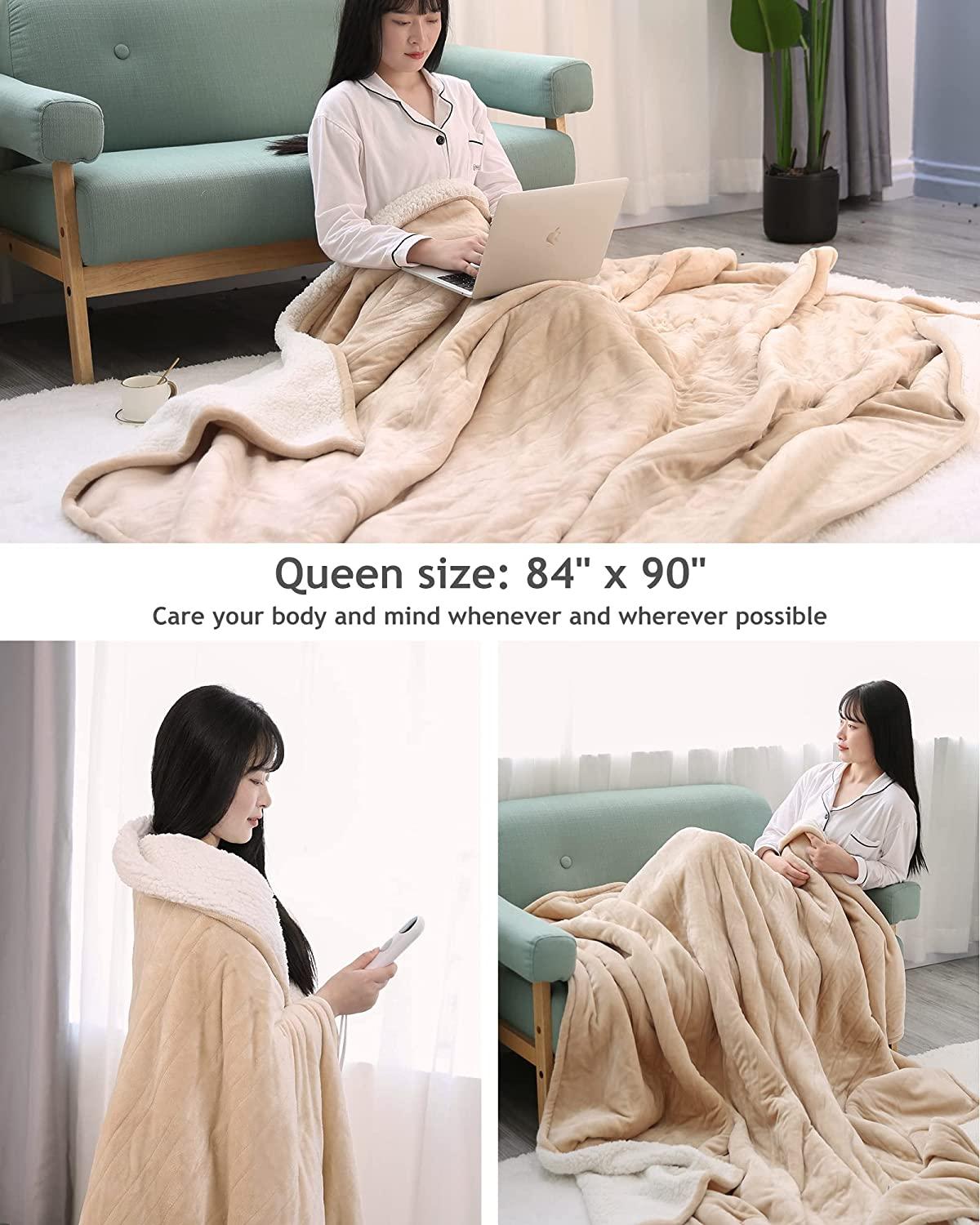 MaxKare Electric Heated Blanket Queen Size 84" x 90", Heated Throw Flannel with 2 Separate Controllers, 6 Heating Levels &amp; 8 Timing Sets-Auto Off, Home Use, Machine Washable - Beige