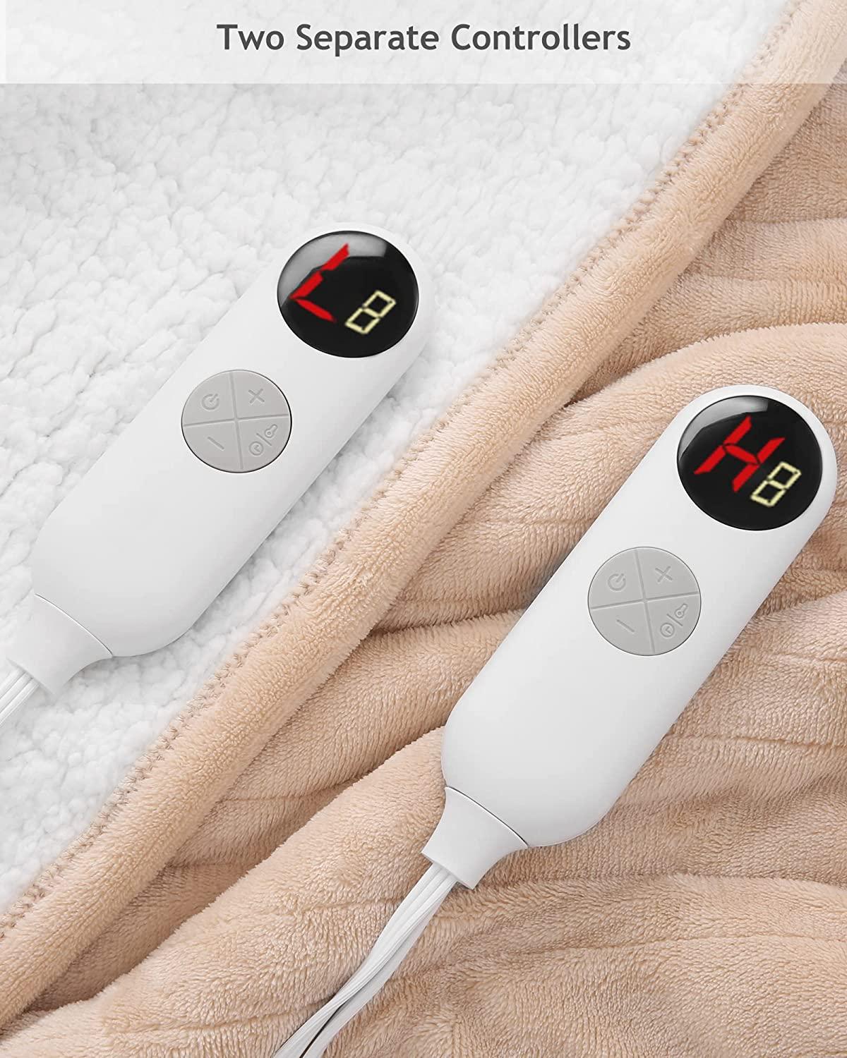 MaxKare Electric Heated Blanket Queen Size 84" x 90", Heated Throw Flannel with 2 Separate Controllers, 6 Heating Levels &amp; 8 Timing Sets-Auto Off, Home Use, Machine Washable - Beige