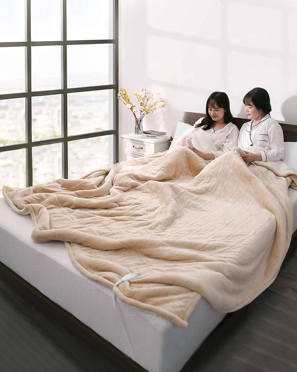 MaxKare Electric Heated Blanket Queen Size 84" x 90", Heated Throw Flannel with 2 Separate Controllers, 6 Heating Levels &amp; 8 Timing Sets-Auto Off, Home Use, Machine Washable - Beige