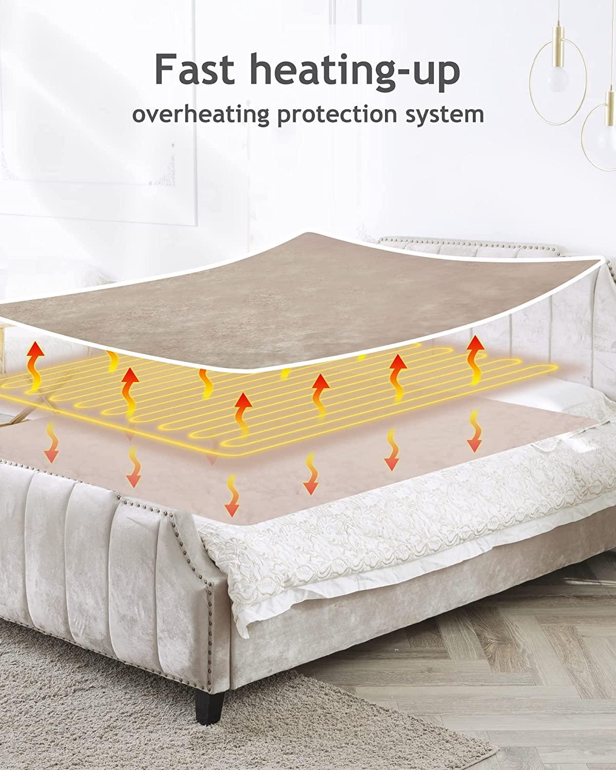 MaxKare Electric Heated Blanket Queen Size 84" x 90", Heated Throw Flannel with 2 Separate Controllers, 6 Heating Levels &amp; 8 Timing Sets-Auto Off, Home Use, Machine Washable - Beige