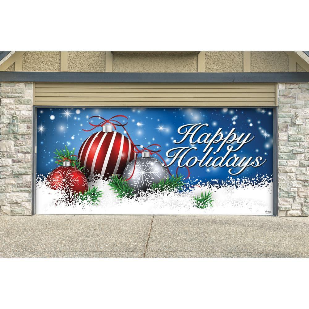 7 ft. x 16 ft. Red and White Christmas Ornaments on Red Christmas Garage Door Decor Mural for Double Car Garage
