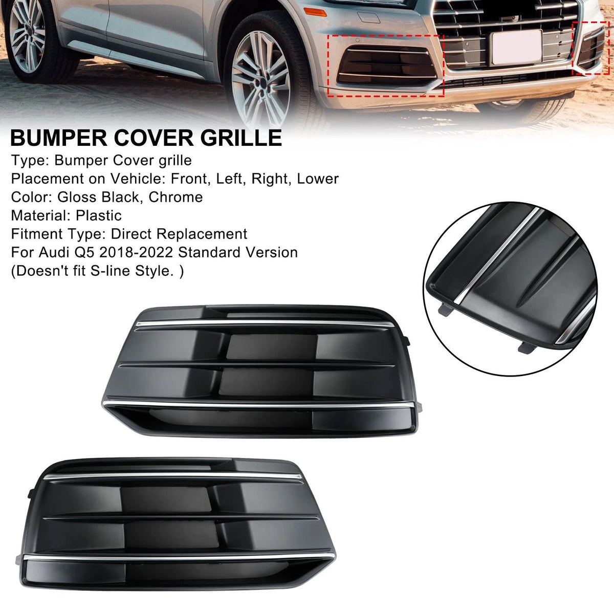 2018-2023 Audi Q5 Standard Version 2PCS Black/Chrome Front Bumper Cover Grille Bezel Insert Generic