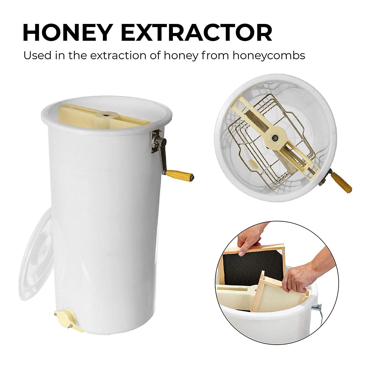 regiva honey extractor 2 frames manual plastic - honey extracting kit 5 pcs beekeeping supplies - honey harvesting tools - beekeeping starter kit - honey strainer, combcapper, uncapping knife, fork -