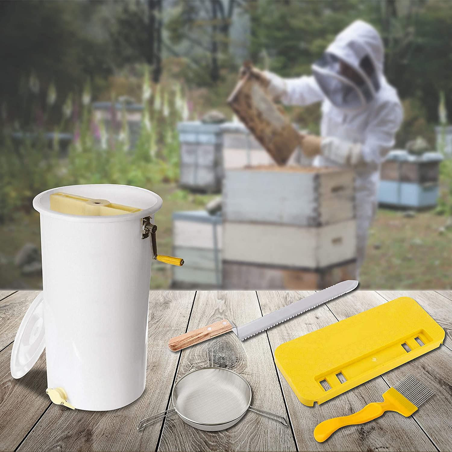 regiva honey extractor 2 frames manual plastic - honey extracting kit 5 pcs beekeeping supplies - honey harvesting tools - beekeeping starter kit - honey strainer, combcapper, uncapping knife, fork -
