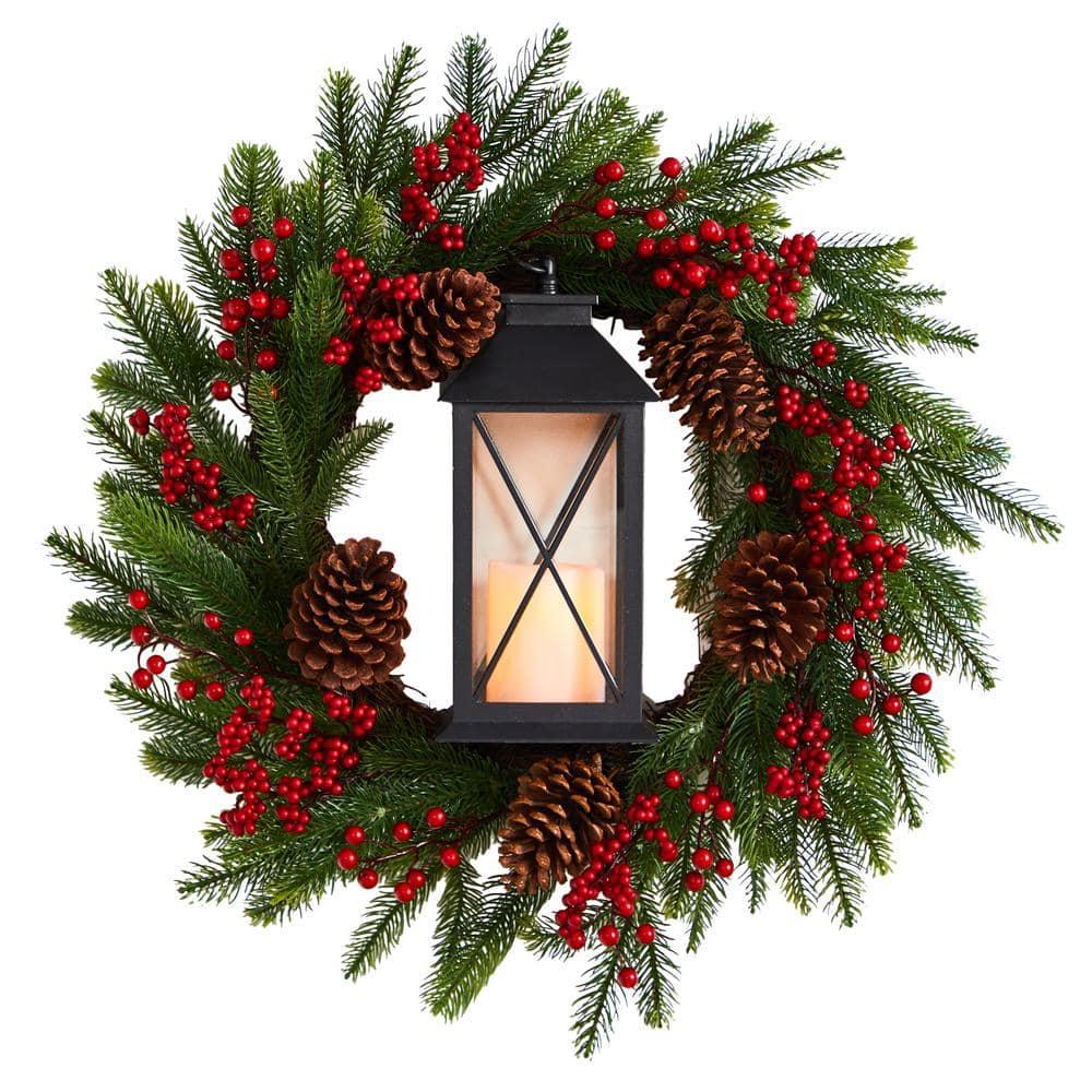 28 in. Green Pre-Lit Berries and Pine Artificial Christmas Wreath with Lantern and Included LED Candle