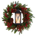 28 in. Green Pre-Lit Berries and Pine Artificial Christmas Wreath with Lantern and Included LED Candle