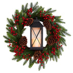 28 in. Green Pre-Lit Berries and Pine Artificial Christmas Wreath with Lantern and Included LED Candle