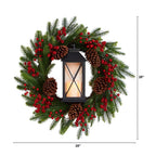 28 in. Green Pre-Lit Berries and Pine Artificial Christmas Wreath with Lantern and Included LED Candle