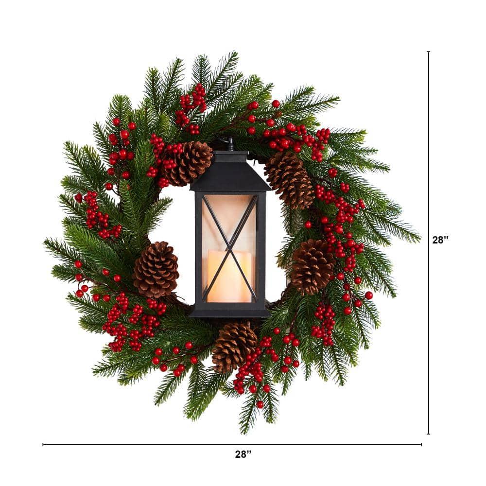 28 in. Green Pre-Lit Berries and Pine Artificial Christmas Wreath with Lantern and Included LED Candle