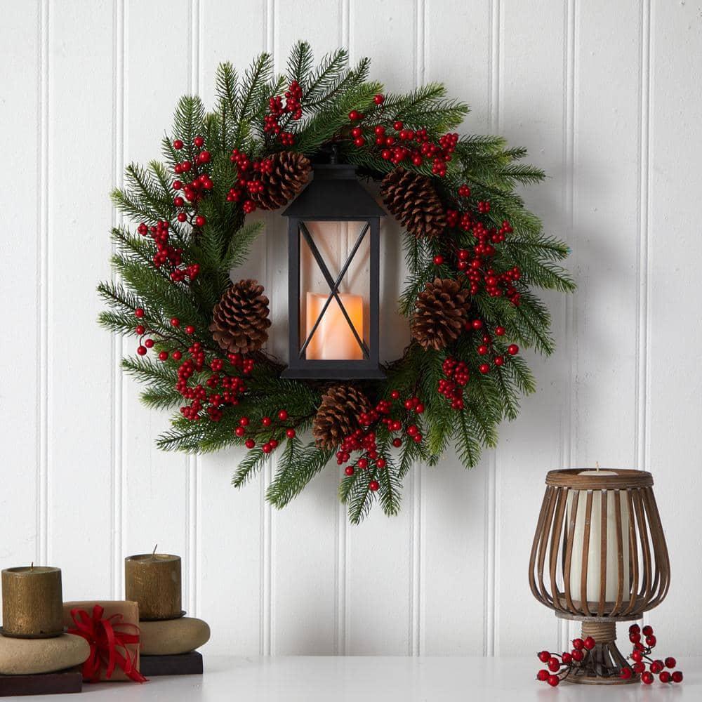 28 in. Green Pre-Lit Berries and Pine Artificial Christmas Wreath with Lantern and Included LED Candle