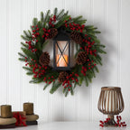 28 in. Green Pre-Lit Berries and Pine Artificial Christmas Wreath with Lantern and Included LED Candle