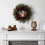 28 in. Green Pre-Lit Berries and Pine Artificial Christmas Wreath with Lantern and Included LED Candle