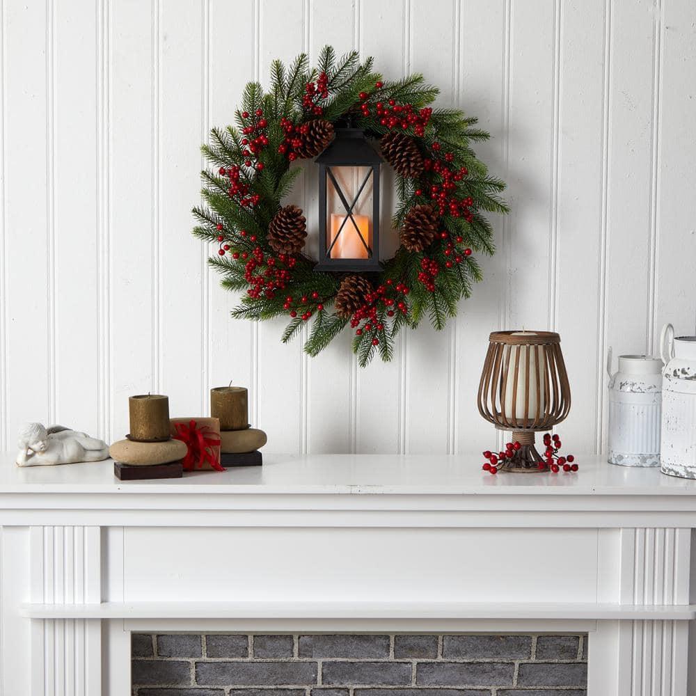 28 in. Green Pre-Lit Berries and Pine Artificial Christmas Wreath with Lantern and Included LED Candle