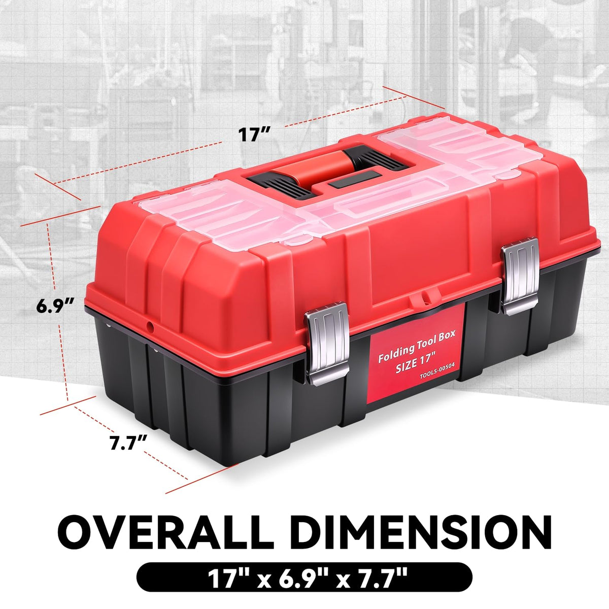 Tool Box Organizer Portable 3-layer Folding Toolbox with Non-slip Handle Tray for Garage, Workshop and On-the-Go Repairs, Red/Black