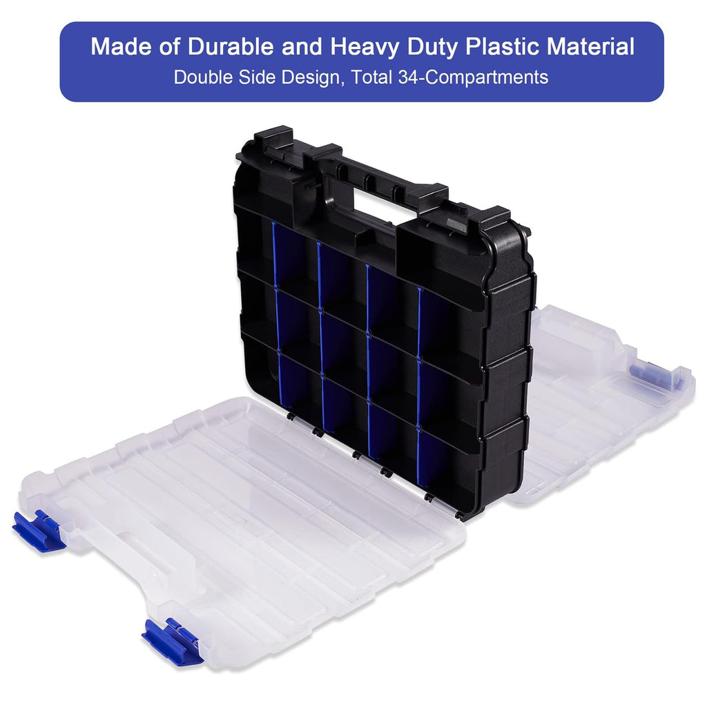 Hardware Organizer Box 34 Compartments Small Parts Organizer with Removable Dividers Durable Plastic Double Side Tools Box Screw Organizers For Nuts, Bolts, Screws, Nails 2Pack