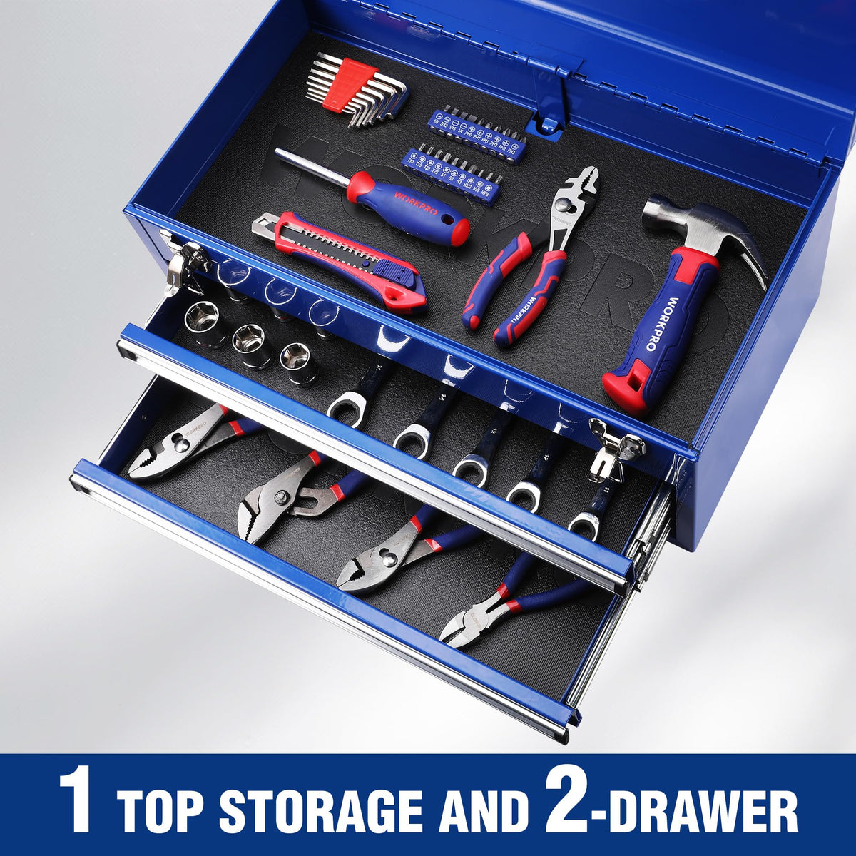 Tool Box with Drawers, 18 Inch with 2 Drawers and 1 Top Storage, Portable Toolbox with Metal Latch and Liner for Garage, Office and Home Storage, 100 LBS Load Capacity (Totally)