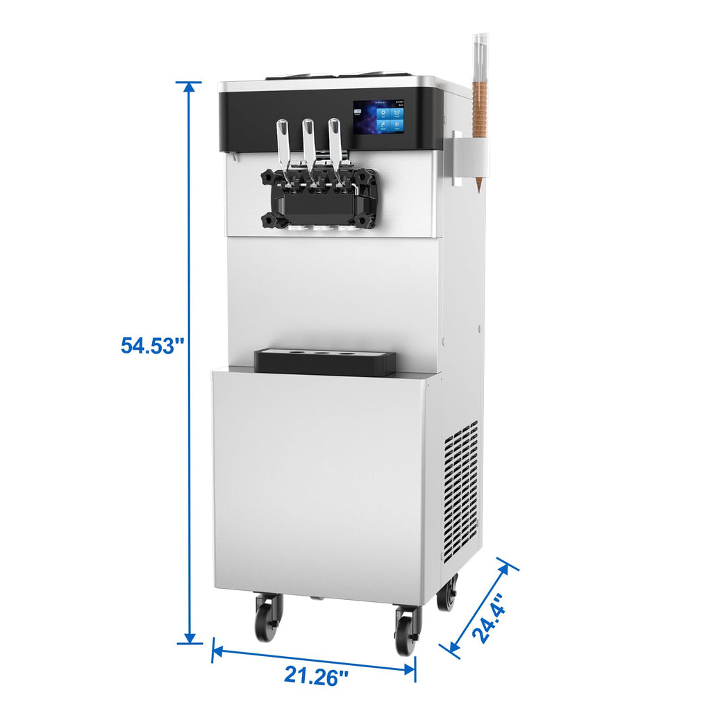 Commercial Ice Cream Machine - 110V 2450W 3 Flavors Soft Serve Ice Cream Machine 5.3 to 7.4 Gallons/H Auto Clean LCD Touch Screen Ideal Soft Serve Maker for Snack Restaurants Bars