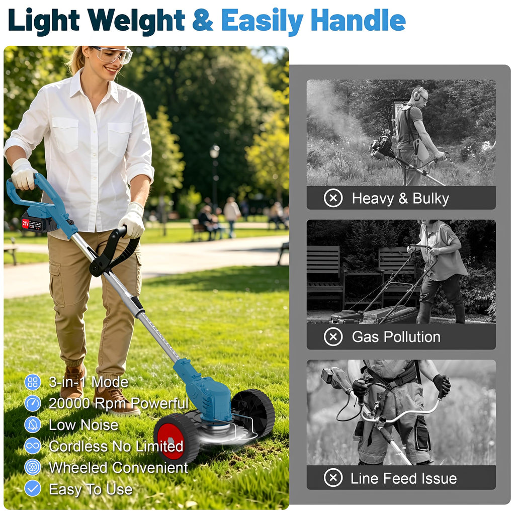 21V Electric Weed Wacker Cordless Weed Eater Battery Powered, String Trimmer Battery Operated, Lightweight 4 in 1 Grass Trimmer/Brush Cutter/Lawn Edger/Mower with Metal Blades &amp; Wheels for Garden Yard