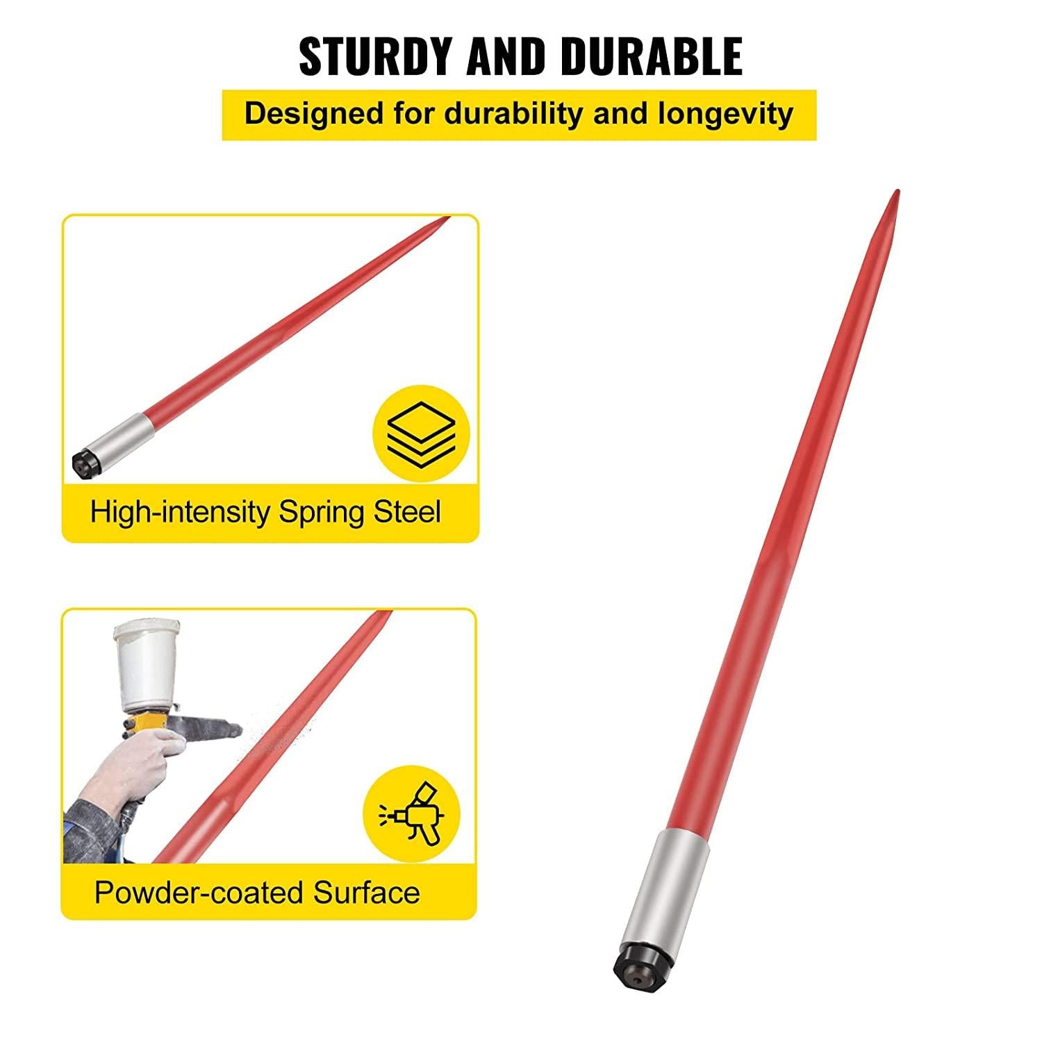 mophorn hay spear 49" bale spear 4500 lbs capacity, bale spike quick attach square hay bale spears 1 3/4" wide, red coated bale forks, bale hay spike with hex nut &amp; sleeve for buckets tractors loaders