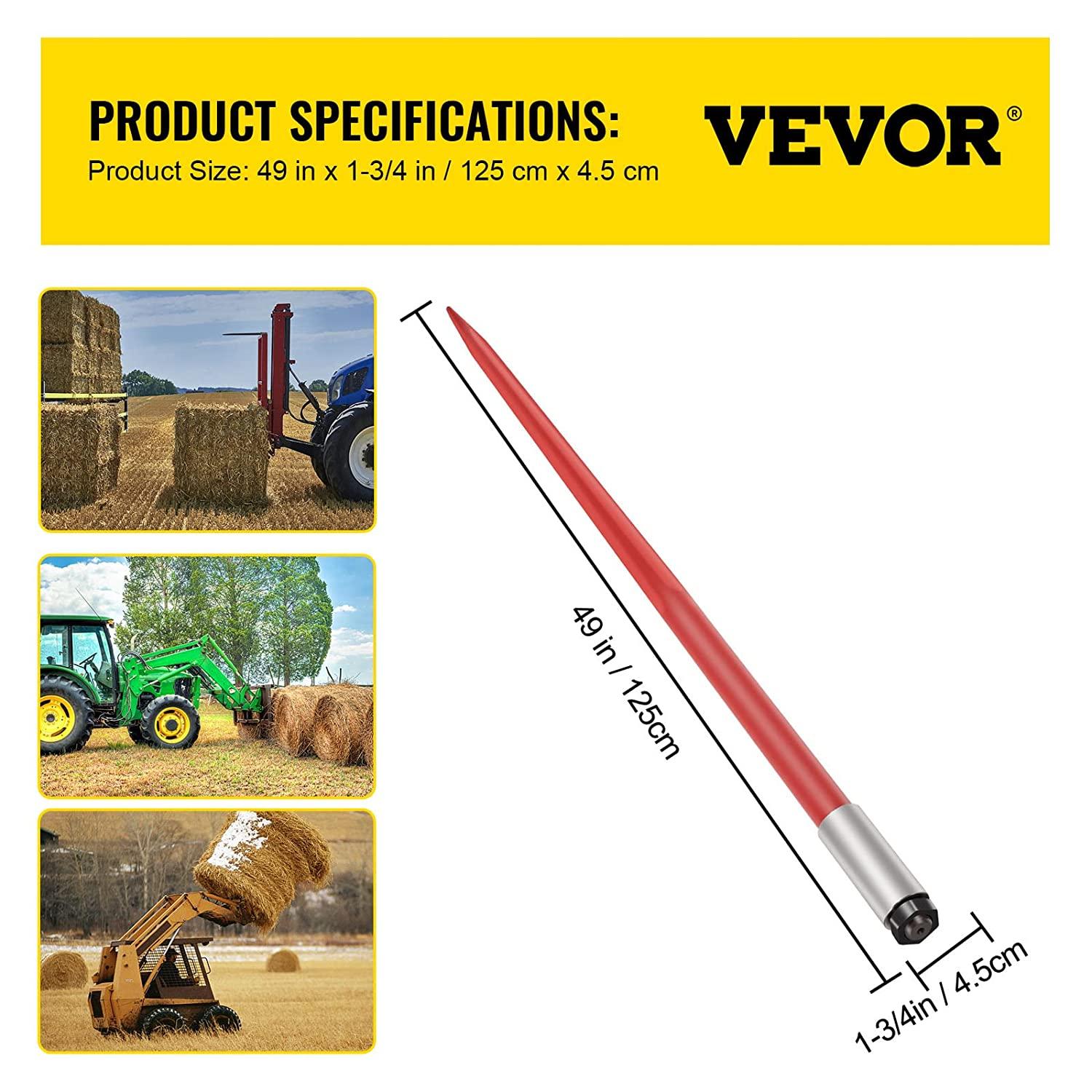 mophorn hay spear 49" bale spear 4500 lbs capacity, bale spike quick attach square hay bale spears 1 3/4" wide, red coated bale forks, bale hay spike with hex nut &amp; sleeve for buckets tractors loaders