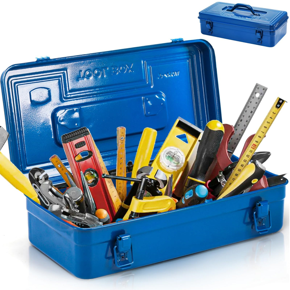 Portable Steel Tool Box, 16 Inch Metal Tool Organizer Box with Double Latch Closure and Handle, Heavy Duty StoraToolbox Chest for Workshop, Garage, Warehouse, Household, Blue