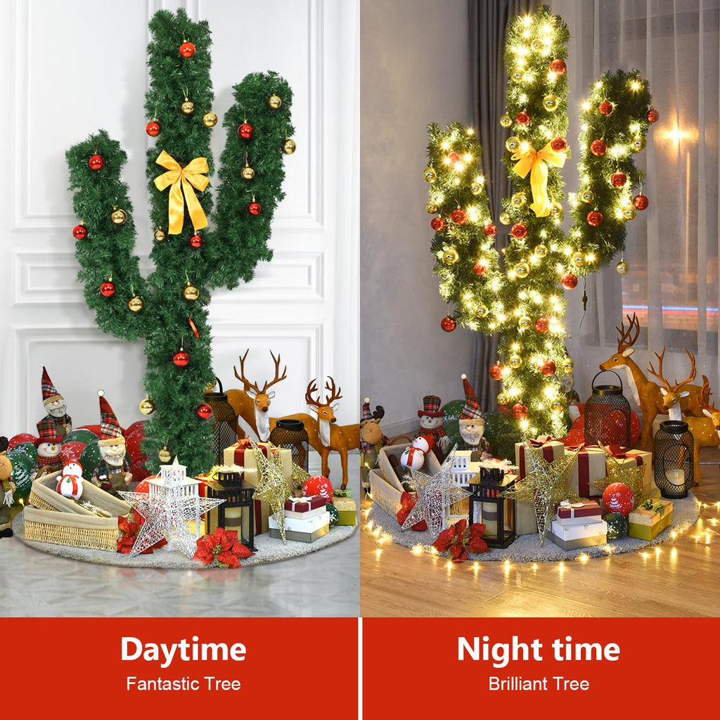 Costway Pre-Lit Cactus Christmas Tree 7Ft LED Lights Ball Ornaments