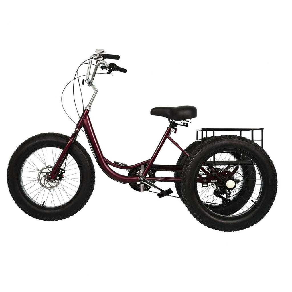 HOMBOM 20 Inch Fat Tire Adult Tricycle,3 Wheel 7 Speed Cruiser Bike with Cargo Basket for Women, Men,Three-Wheeled Seniors Elderly Trikes for Shopping,Deep Red