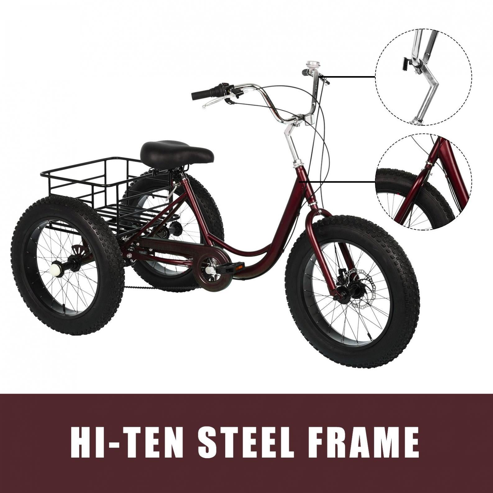 HOMBOM 20 Inch Fat Tire Adult Tricycle,3 Wheel 7 Speed Cruiser Bike with Cargo Basket for Women, Men,Three-Wheeled Seniors Elderly Trikes for Shopping,Deep Red