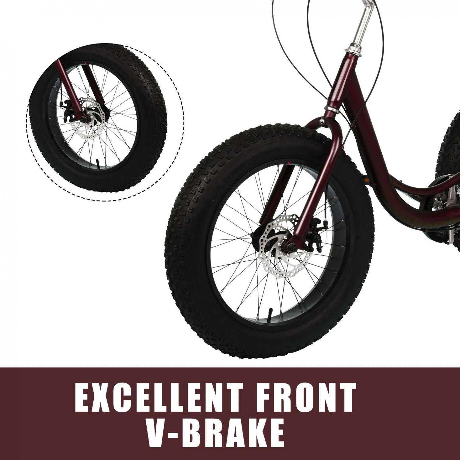 HOMBOM 20 Inch Fat Tire Adult Tricycle,3 Wheel 7 Speed Cruiser Bike with Cargo Basket for Women, Men,Three-Wheeled Seniors Elderly Trikes for Shopping,Deep Red
