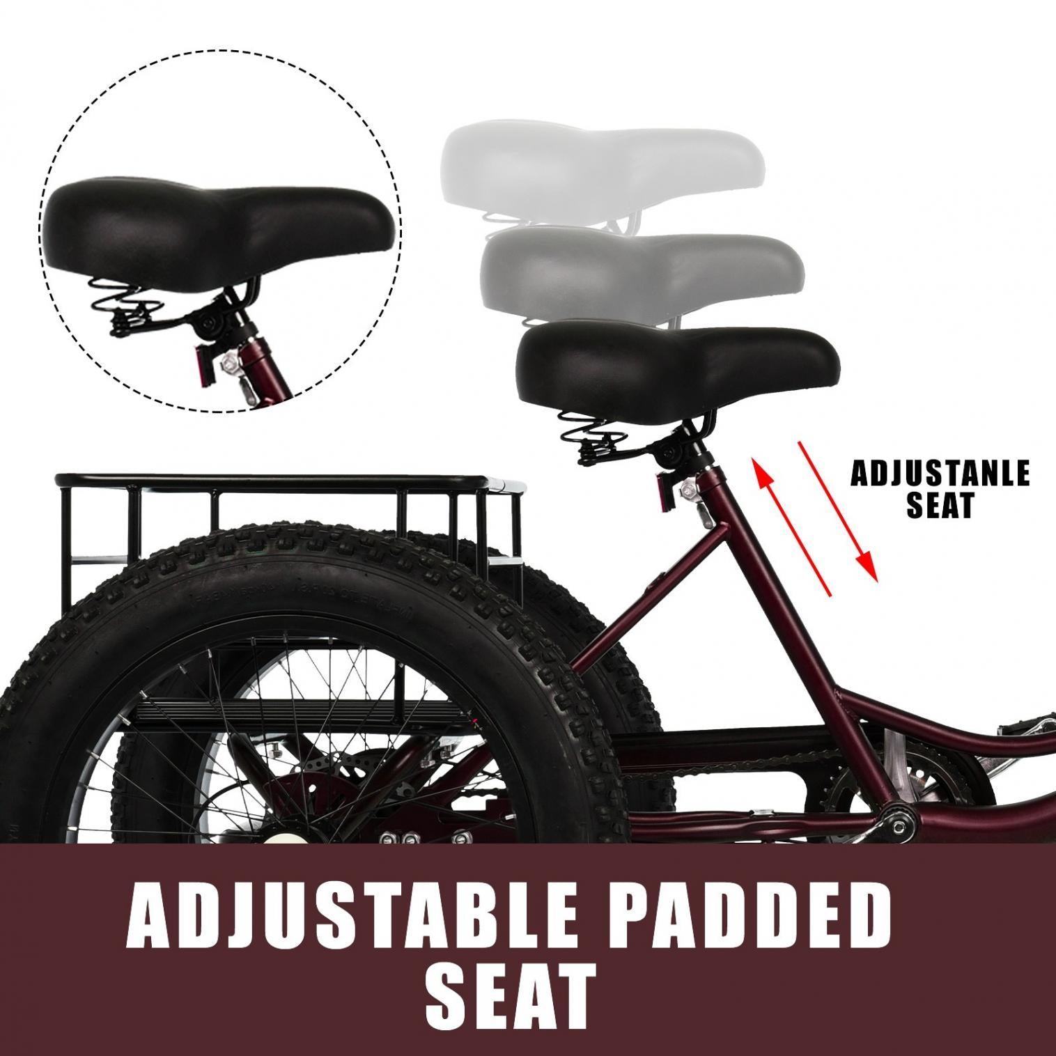HOMBOM 20 Inch Fat Tire Adult Tricycle,3 Wheel 7 Speed Cruiser Bike with Cargo Basket for Women, Men,Three-Wheeled Seniors Elderly Trikes for Shopping,Deep Red