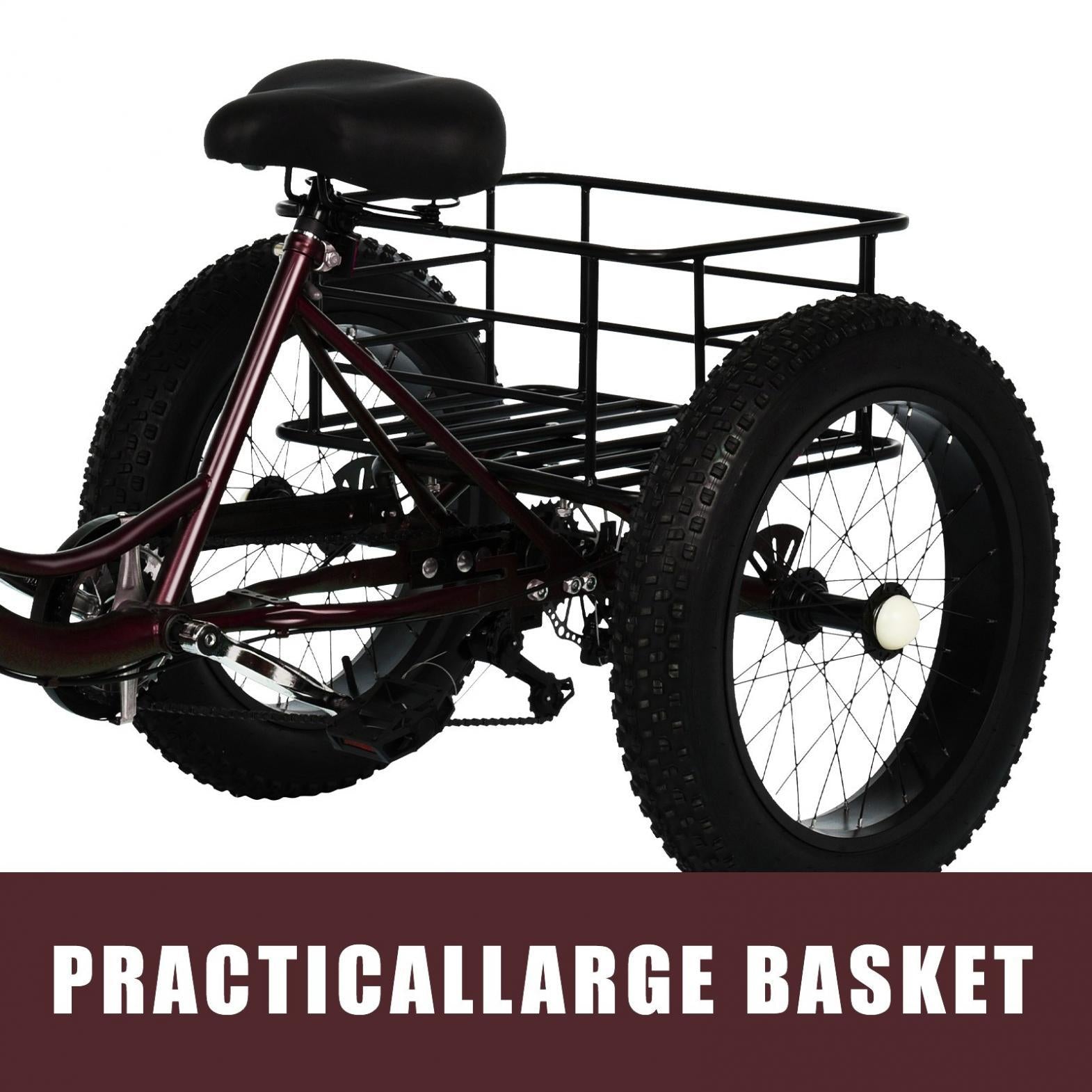 HOMBOM 20 Inch Fat Tire Adult Tricycle,3 Wheel 7 Speed Cruiser Bike with Cargo Basket for Women, Men,Three-Wheeled Seniors Elderly Trikes for Shopping,Deep Red