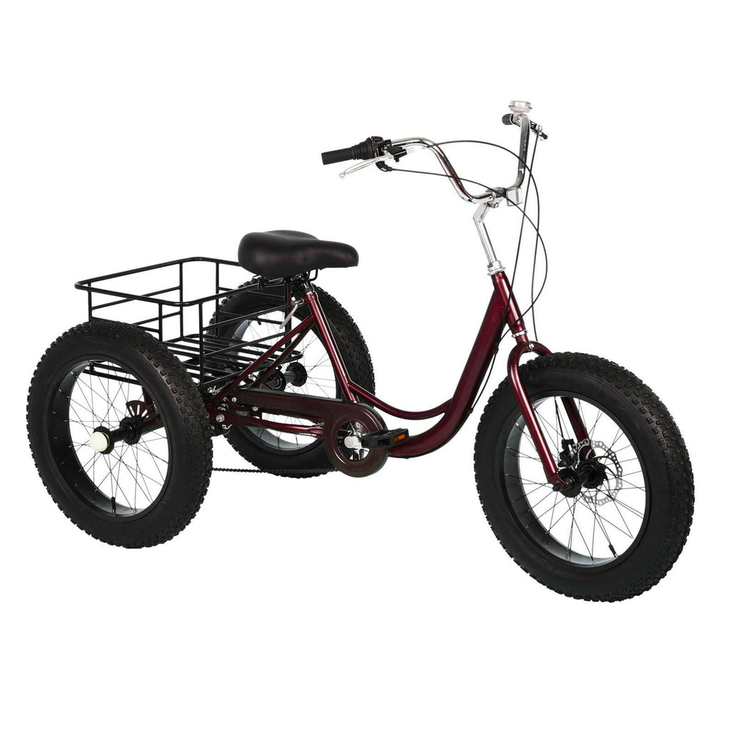 HOMBOM 20 Inch Fat Tire Adult Tricycle,3 Wheel 7 Speed Cruiser Bike with Cargo Basket for Women, Men,Three-Wheeled Seniors Elderly Trikes for Shopping,Deep Red