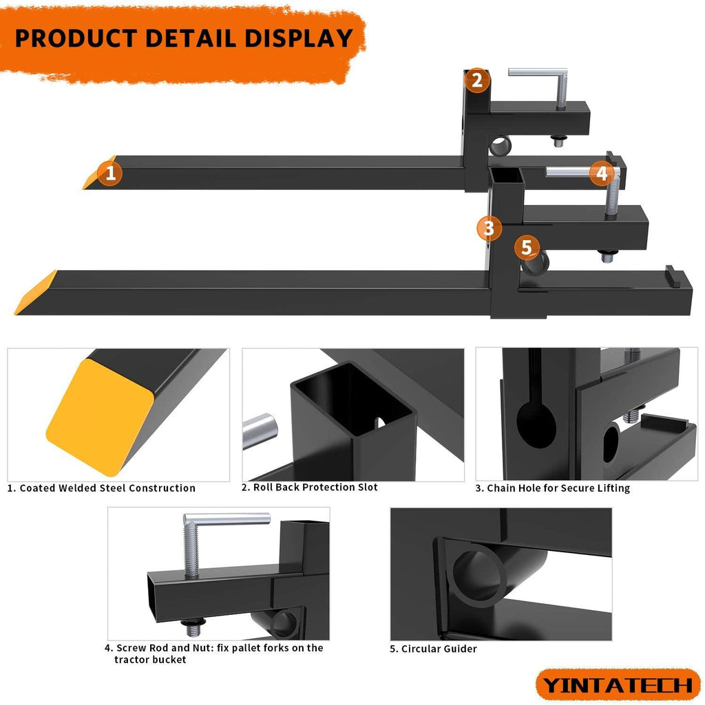 yintatech clamp on pallet forks 43” pallet forks 1500lbs heavy duty for loader bucket skid steer tractor