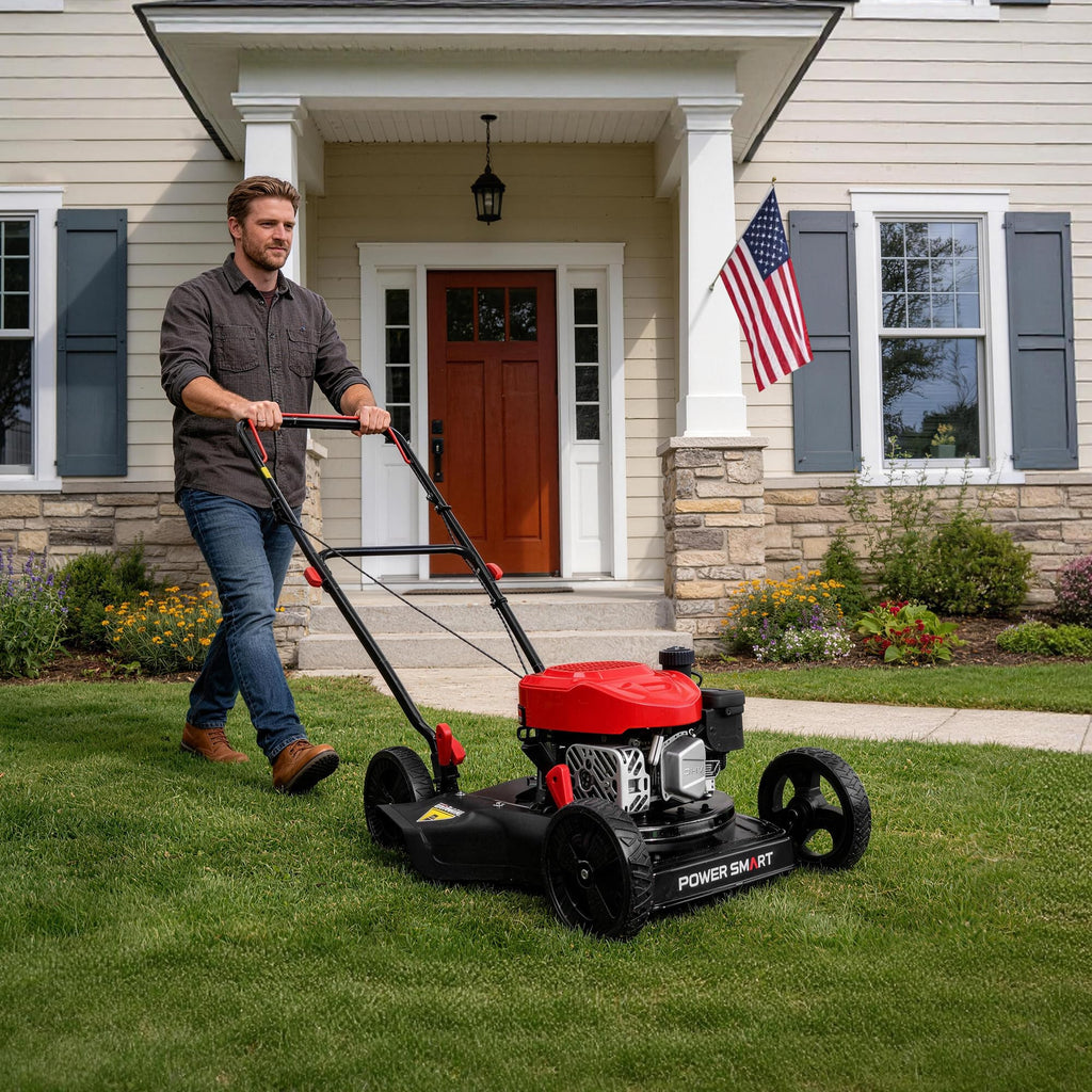 EasyCut 18-Inch Gas Lawn Mower, 144cc OHV Engine, Steel Deck, Side Discharge, 5-Position Dual-Lever Height Adjustment, Push Mower for Small Yards