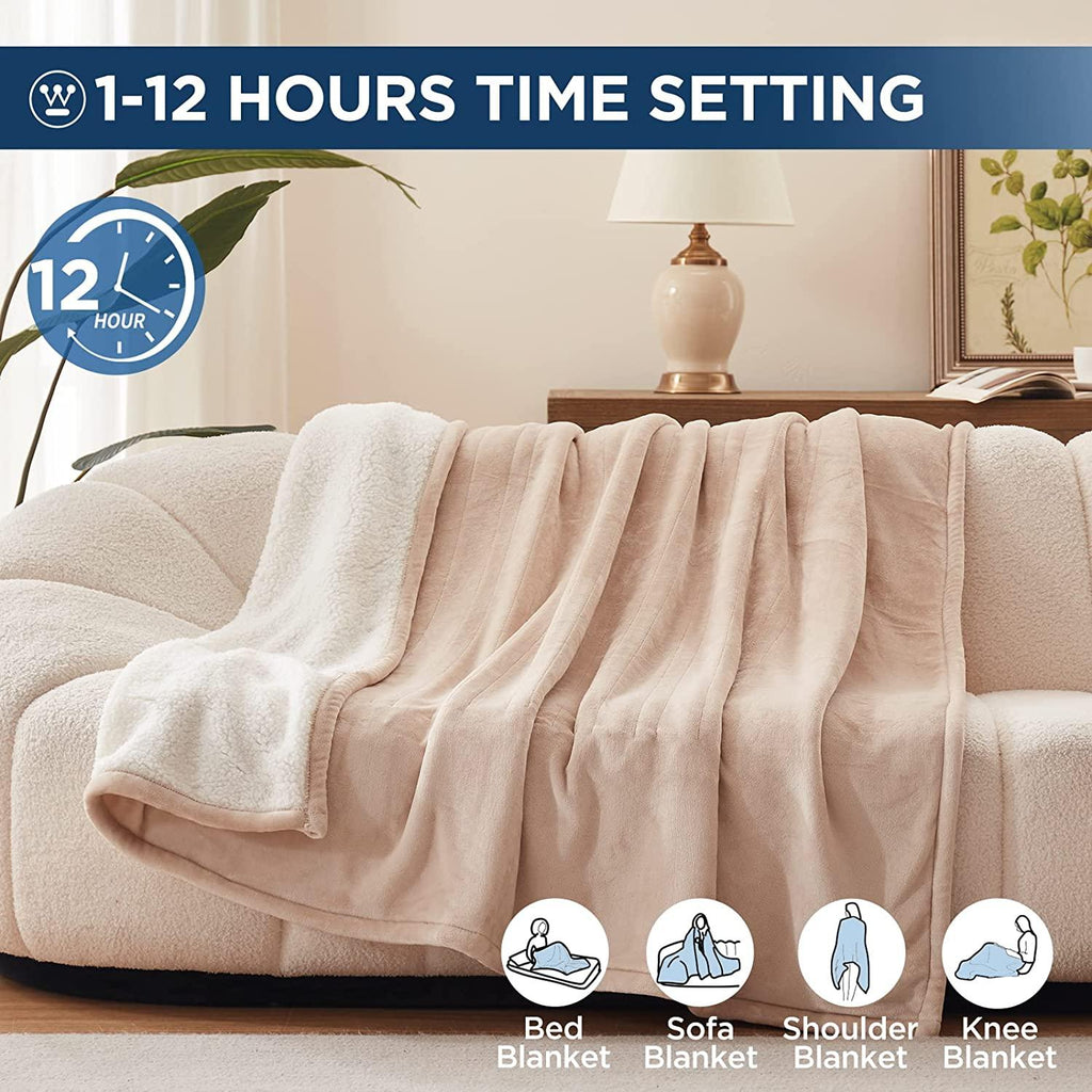Electric Blanket Heated Blanket | 10 Heating Levels  1 to 12 Hours Heating Time Settings | Flannel to Sherpa Reversible 80x84 Full Size | Machine Washable, Beige