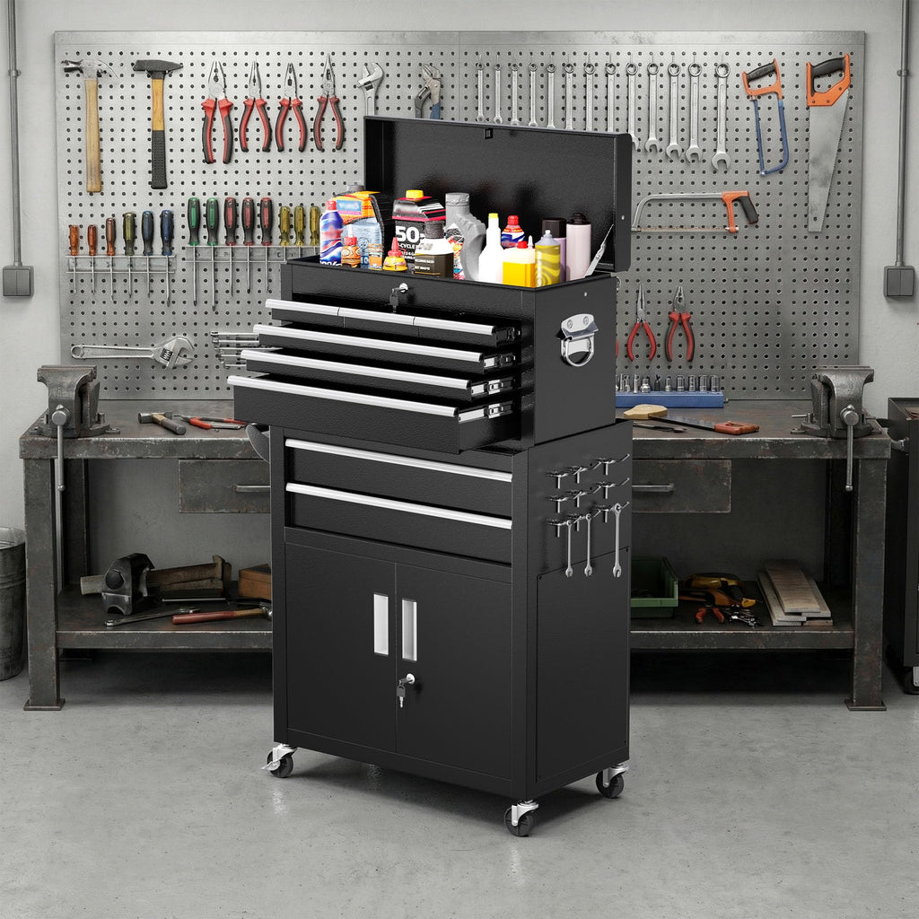 Tool Chest, 8-Drawer Rolling Tool Cart with Hooks, Tray Divider, Liners, 2 in 1 Detachable Tool Cabinet, Metal Tool StoraCart, Tool Box for GaraWorkshop(Black)
