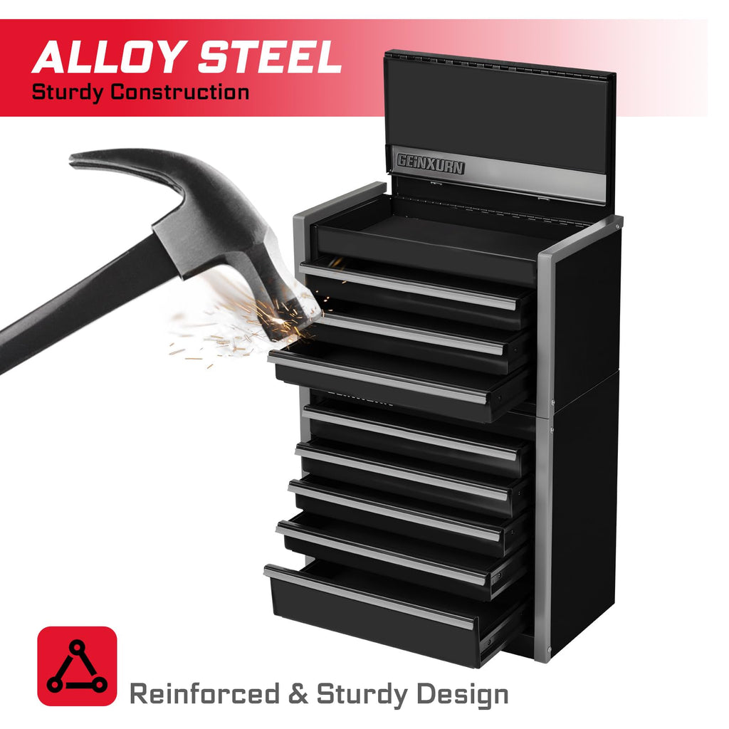 8-Drawer Rolling Black Tool Box, Heavy Duty Micro Roll Cab Steel Stackable Tool Chest with Lockable Drawers, 2-in-1 Lar& Compact Combo Set (3-Drawer + 5-Drawer) for Garage, Workshop