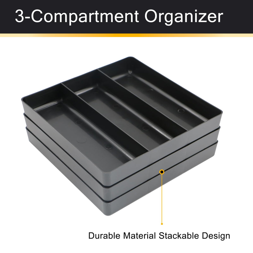 3-Compartment Tool Organizer Tray(1, Black) | Stackable , Heavy Duty, Drawer Organizer Tray, Non-Slip Base, Storaand Organization