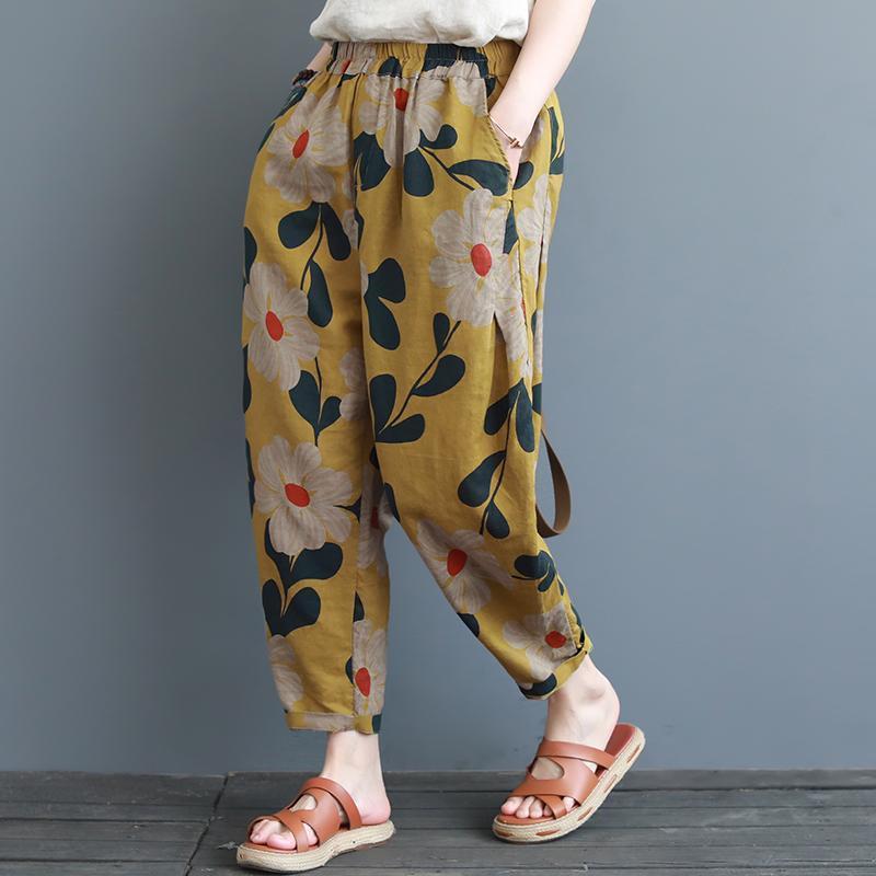 summer loose print cotton linen casual harem women pants