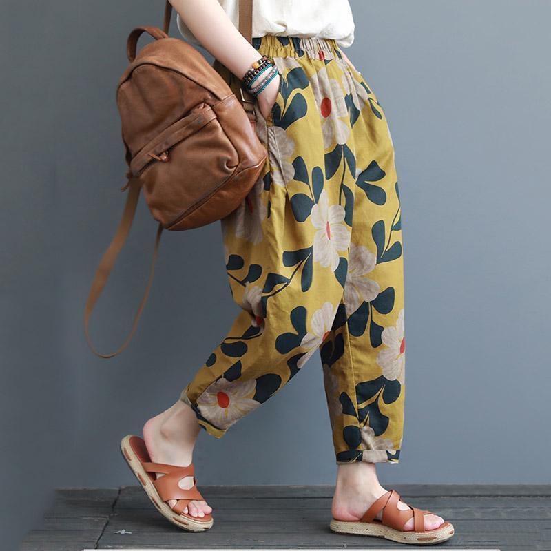 summer loose print cotton linen casual harem women pants