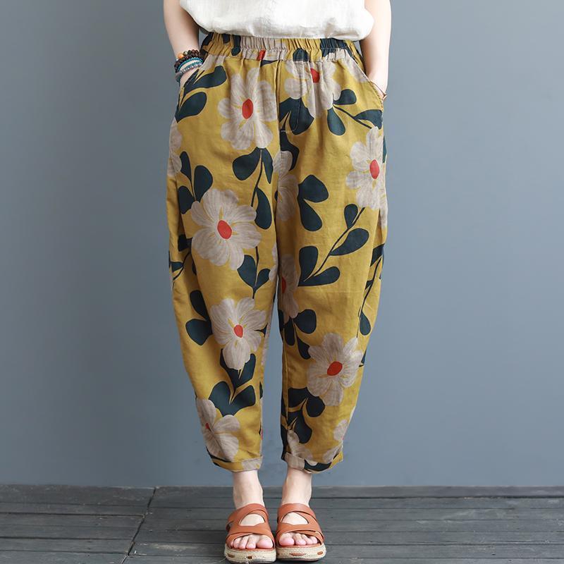 summer loose print cotton linen casual harem women pants